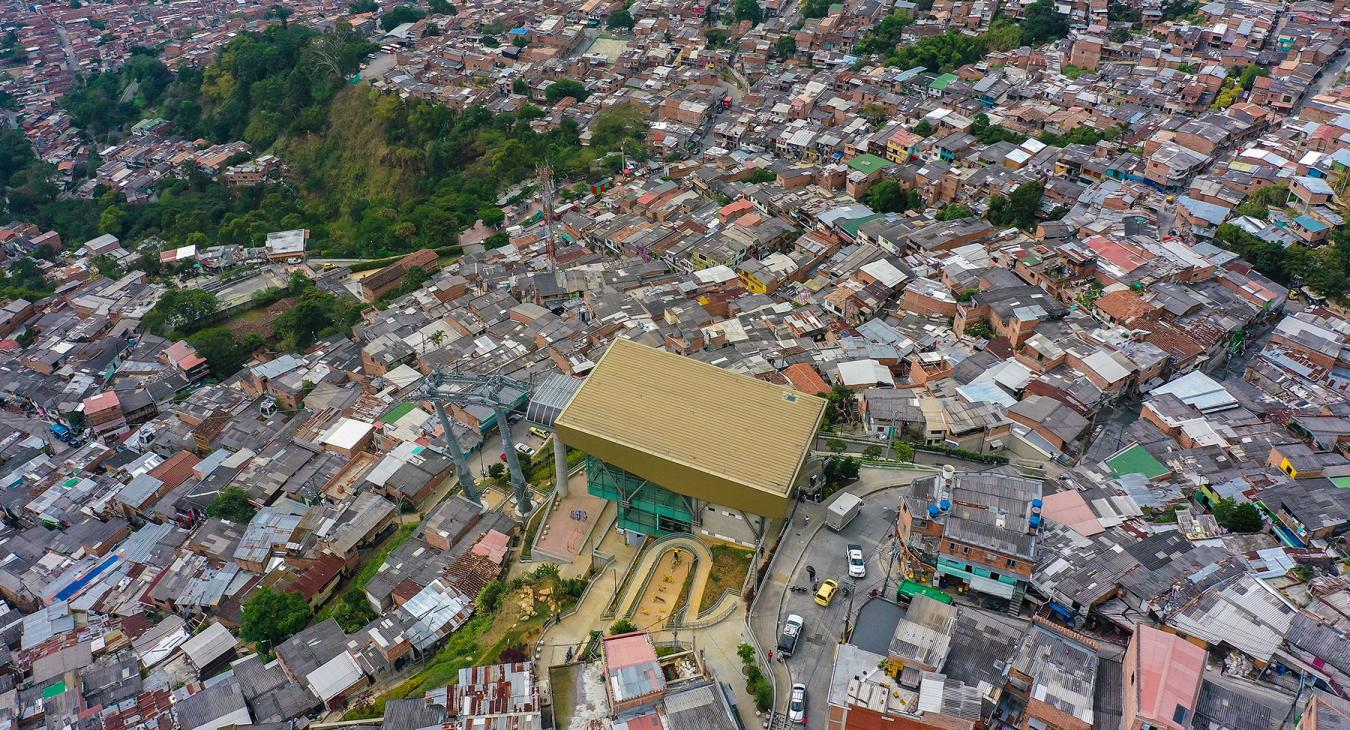 M Line. Metrocable in Medellin, Colombia. Detachable monocable gondola lift as mass urban transportation.