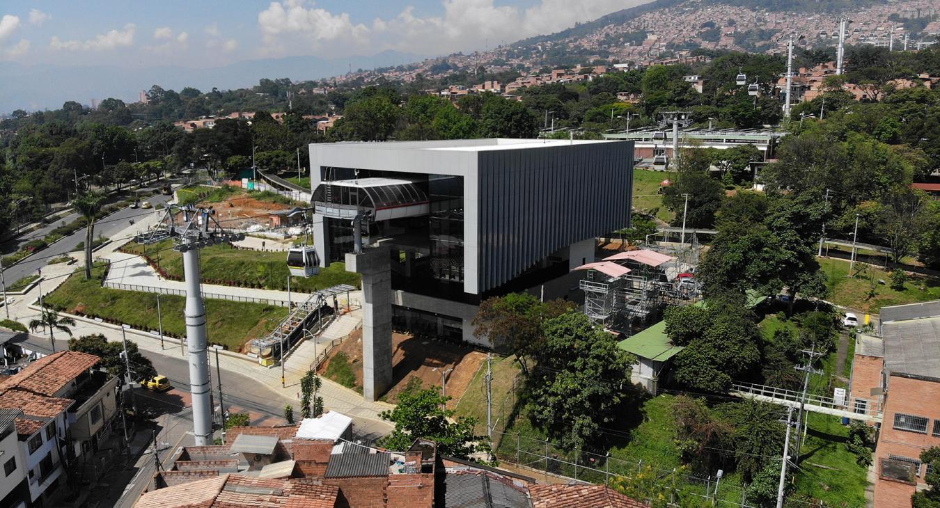 P Line. Metrocable in Medellin, Colombia. Detachable monocable gondola lift as mass urban transportation.