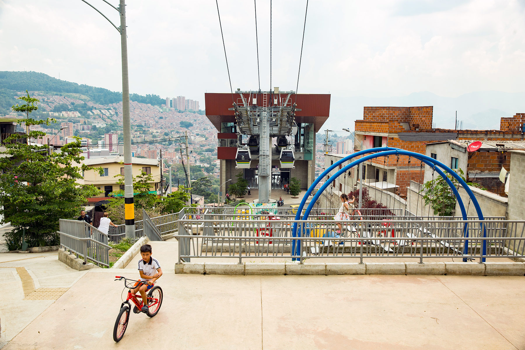 Metrocable J-Line in Medellin, Colombia. Detachable monocable gondola lift as mass urban transportation.
