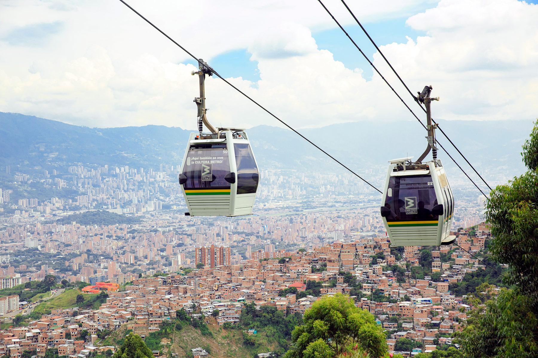 Metrocable J-Line in Medellin, Colombia. Detachable monocable gondola lift as mass urban transportation.