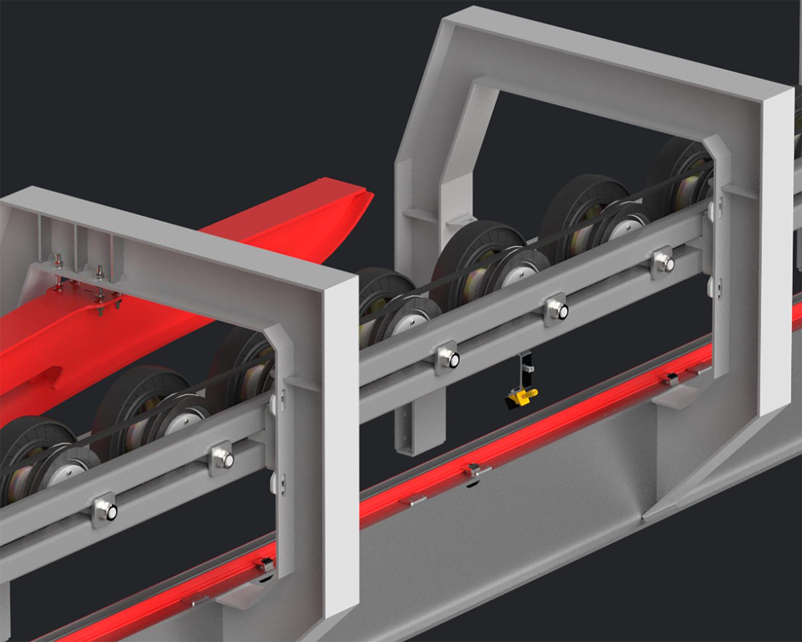 Detailed rendering of a ropeway terminal sheave train within a modular steel frame, showing multiple rollers, cable alignment, and integrated structural components designed for improved efficiency, durability, and simplified maintenance.