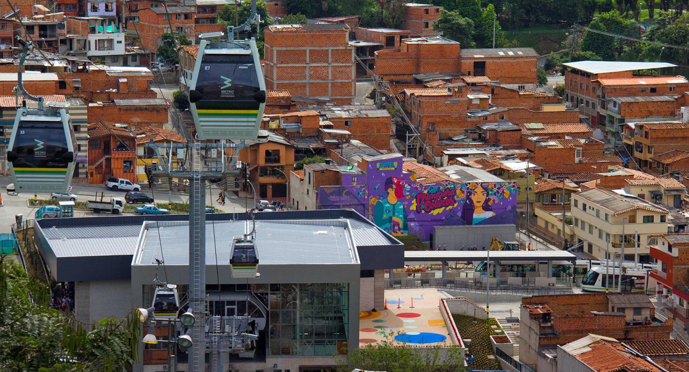 H Line. Metrocable in Medellin, Colombia. Detachable monocable gondola lift as mass urban transportation.