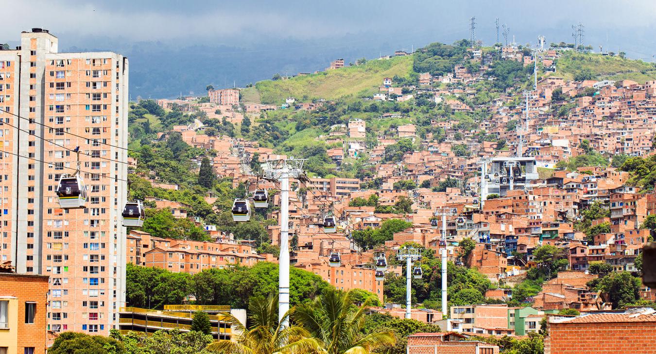 J Line, Metrocable in Medellin, Colombia. Detachable monocable gondola lift as mass urban transportation.